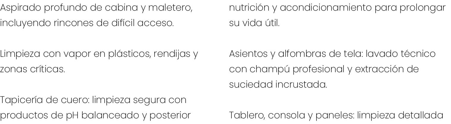 Aspirado profundo de cabina y maletero, incluyendo rincones de dif cil acceso. Limpieza con vapor en pl sticos, rendi...